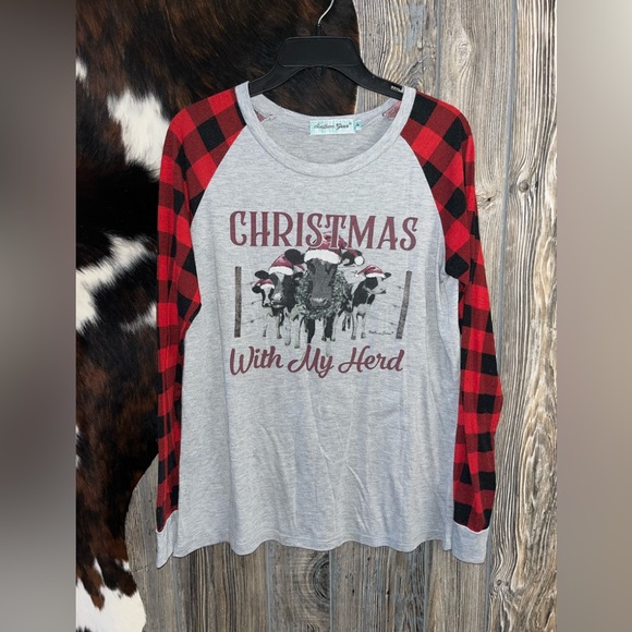 Southern Grace Tops - Southern Grace “Christmas With My Herd” farmhouse Christmas long sleeve cow